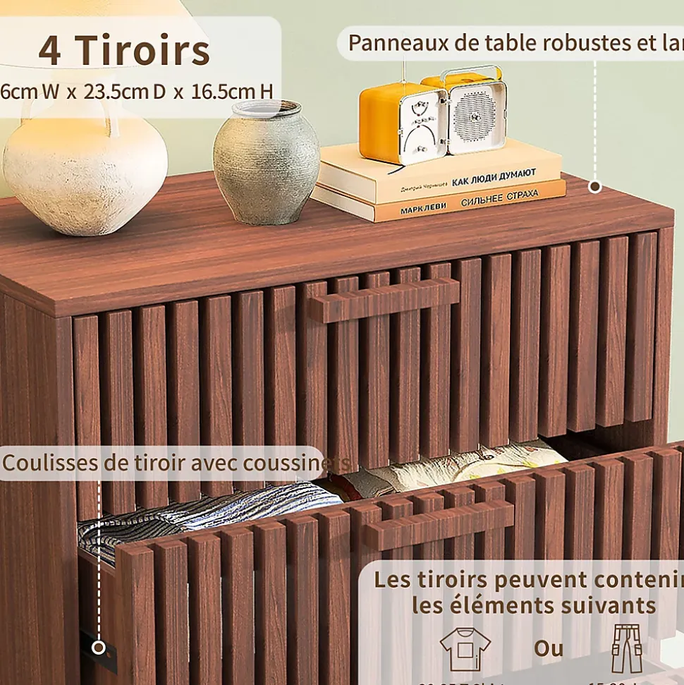 Commode 4 tiroirs couleur noyer, meuble de rangement design à rainures verticales, style moderne pour chambre ou salon