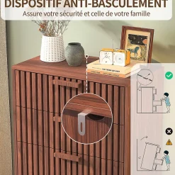 Commode 4 tiroirs couleur noyer, meuble de rangement design à rainures verticales, style moderne pour chambre ou salon