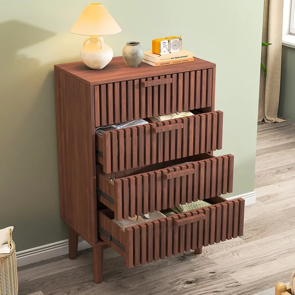 Commode 4 tiroirs couleur noyer, meuble de rangement design à rainures verticales, style moderne pour chambre ou salon