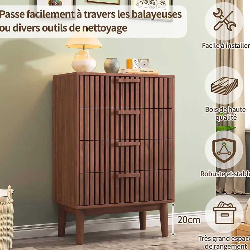 Commode 4 tiroirs couleur noyer, meuble de rangement design à rainures verticales, style moderne pour chambre ou salon