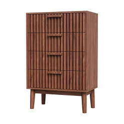 Commode 4 tiroirs couleur noyer, meuble de rangement design à rainures verticales, style moderne pour chambre ou salon