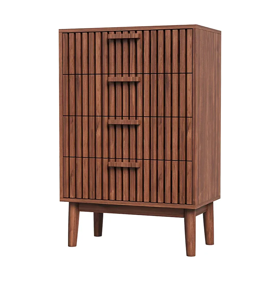 Commode 4 tiroirs couleur noyer, meuble de rangement design à rainures verticales, style moderne pour chambre ou salon