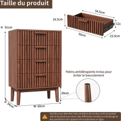 Commode 4 tiroirs couleur noyer, meuble de rangement design à rainures verticales, style moderne pour chambre ou salon