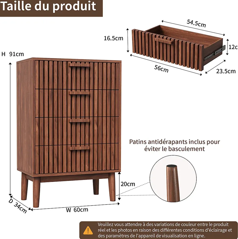 Commode 4 tiroirs couleur noyer, meuble de rangement design à rainures verticales, style moderne pour chambre ou salon