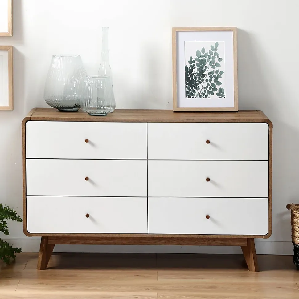 Commode 6 Tiroirs Décor Bois et Blanc - ALBURA