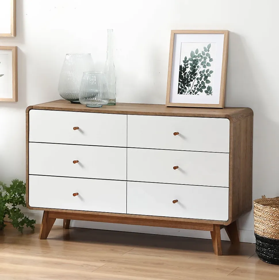 Commode 6 Tiroirs Décor Bois et Blanc - ALBURA