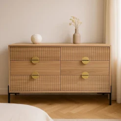 Commode 6 tiroirs décor bois rainuré 124cm - VALLO