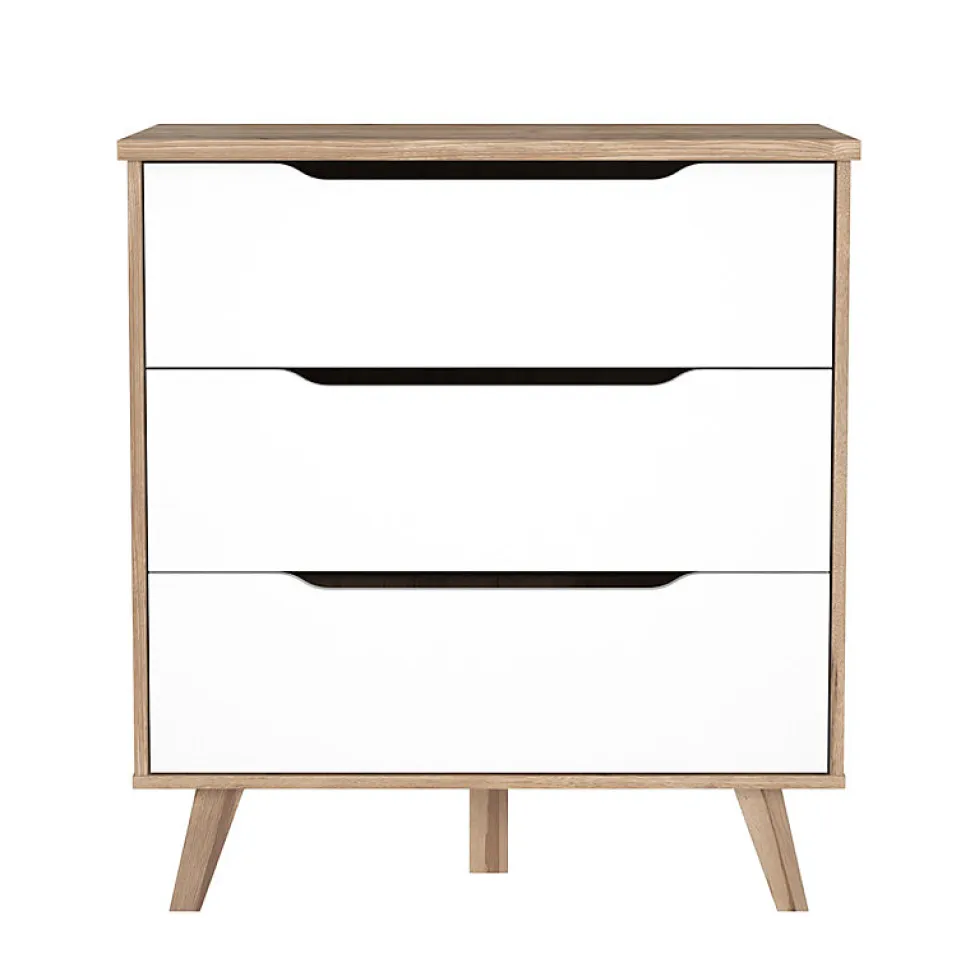 Commode 3 tiroirs décor chêne et blanc pieds bois massif - ALBANE