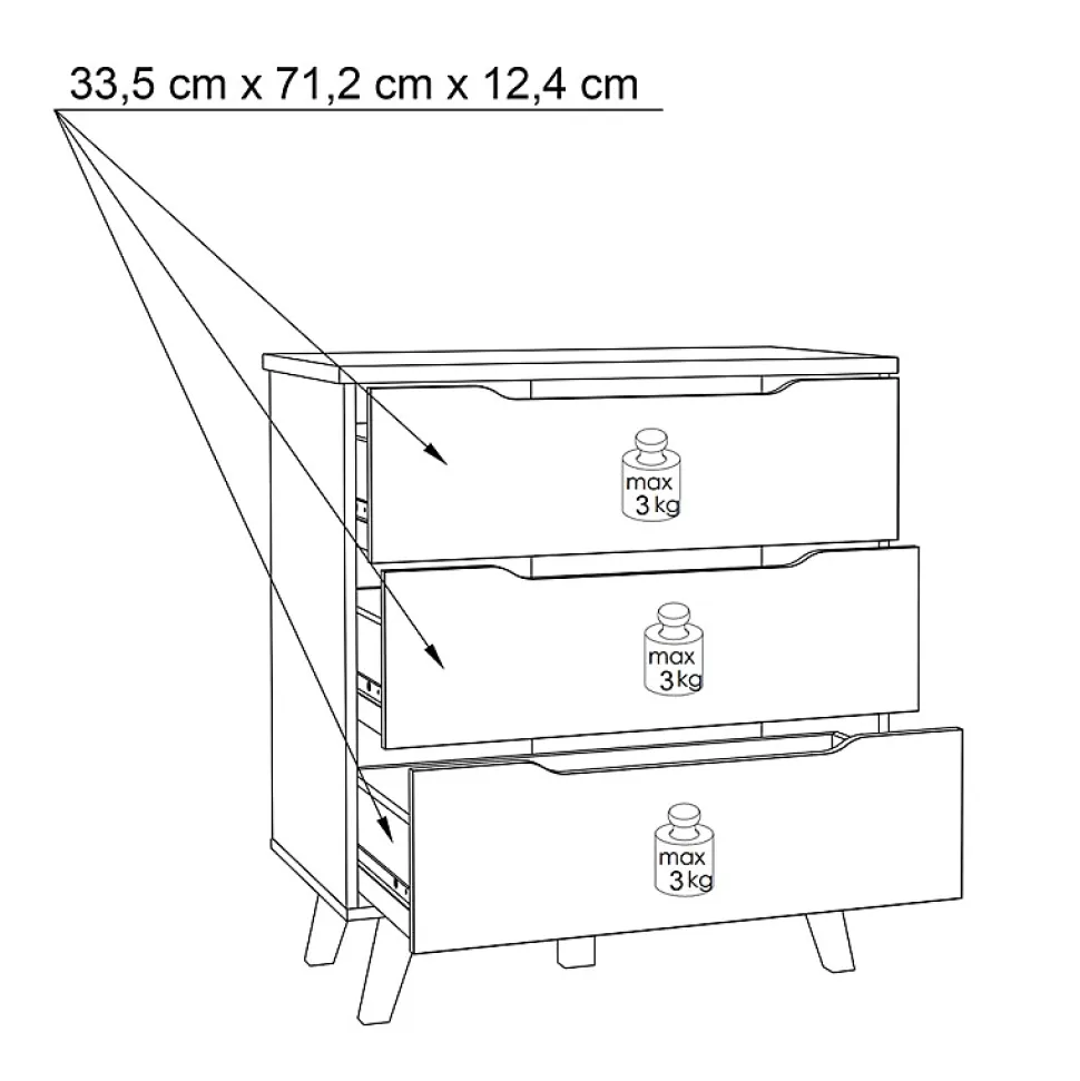 Commode 3 tiroirs décor chêne et blanc pieds bois massif - ALBANE