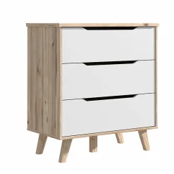 Commode 3 tiroirs décor chêne et blanc pieds bois massif - ALBANE