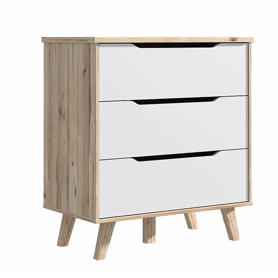 Commode 3 tiroirs décor chêne et blanc pieds bois massif - ALBANE