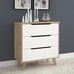 Commode 3 tiroirs décor chêne et blanc pieds bois massif - ALBANE