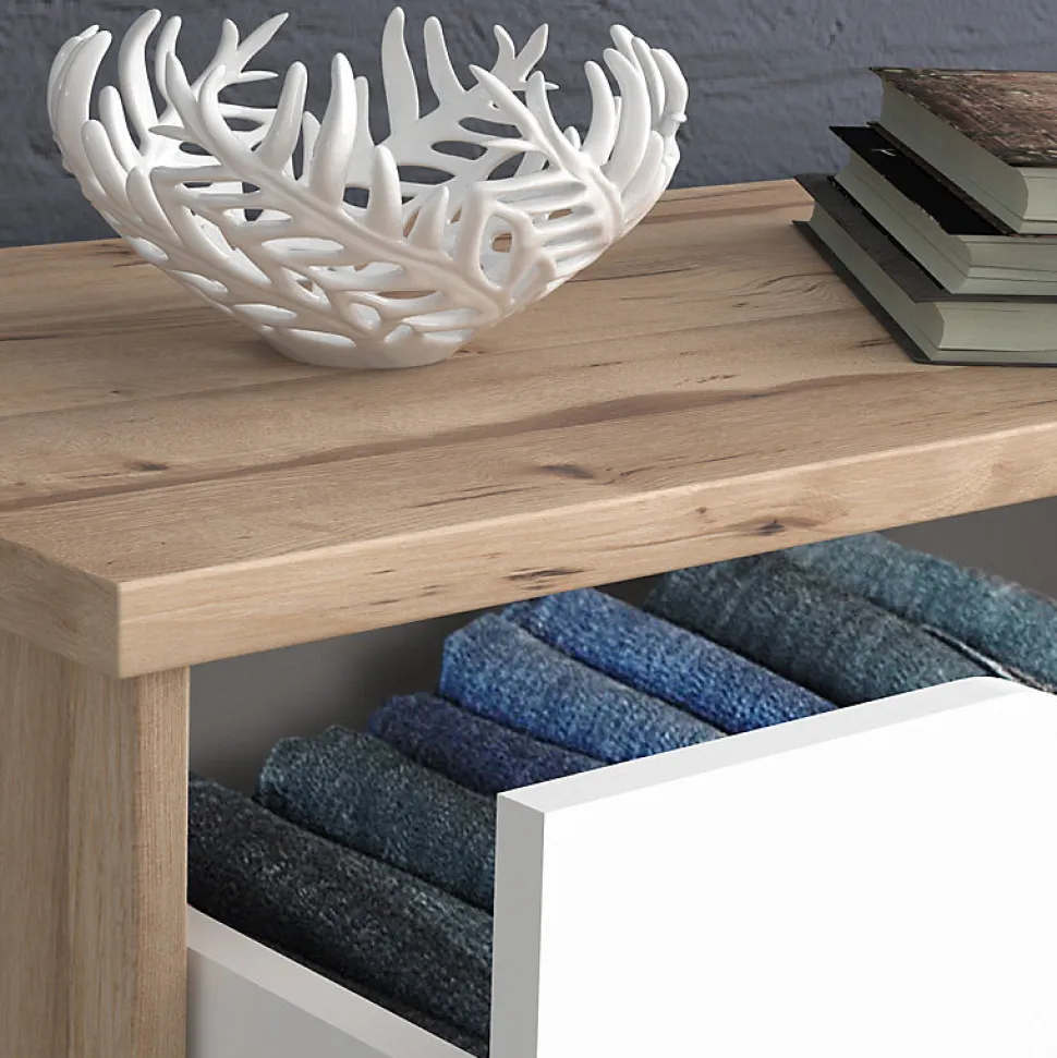 Commode 3 tiroirs décor chêne et blanc pieds bois massif - ALBANE