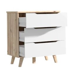 Commode 3 tiroirs décor chêne et blanc pieds bois massif - ALBANE