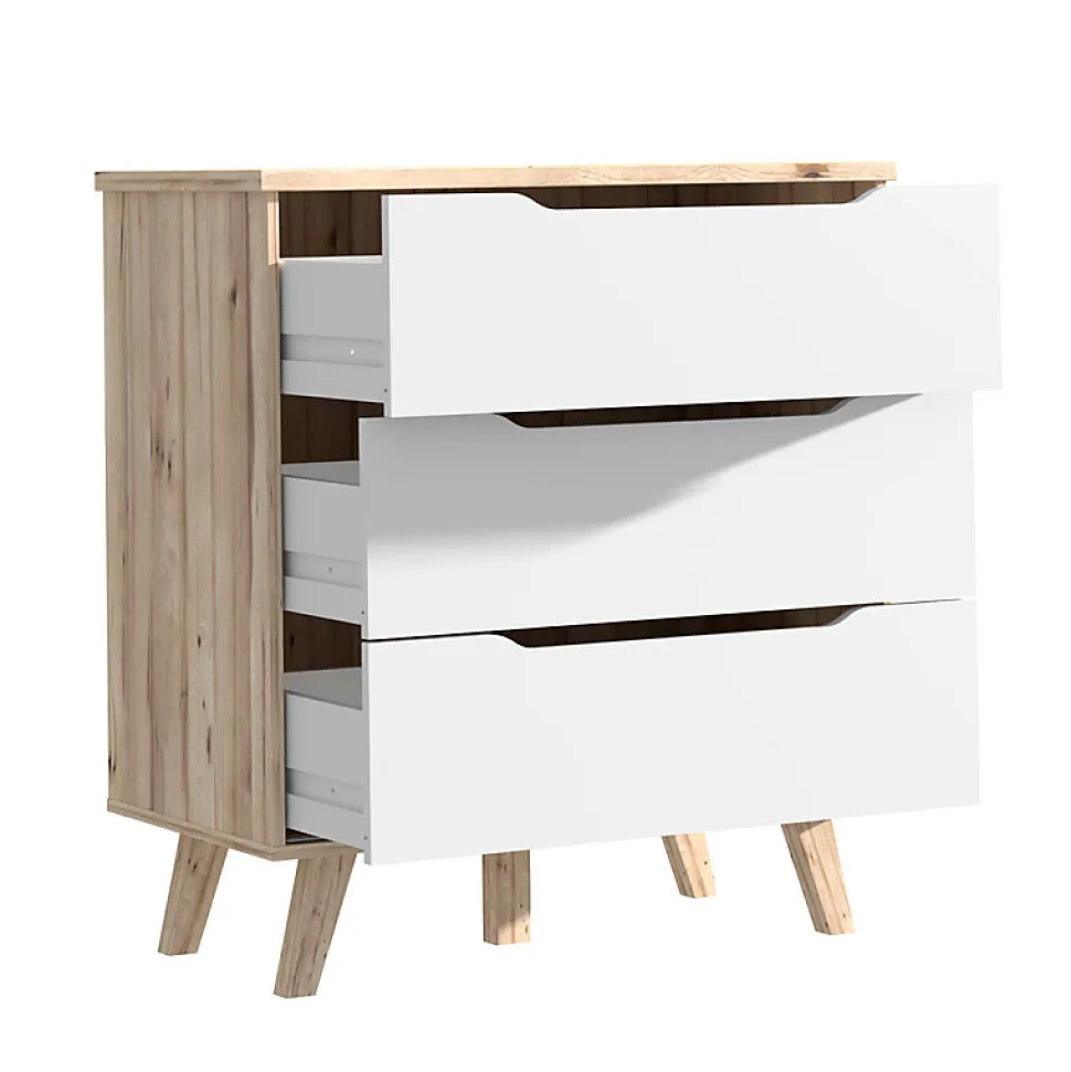 Commode 3 tiroirs décor chêne et blanc pieds bois massif - ALBANE