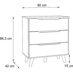 Commode 3 tiroirs décor chêne et blanc pieds bois massif - ALBANE