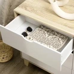 Commode 6 tiroirs design scandinave piètement effilé incliné bois pin panneaux blanc effet bois