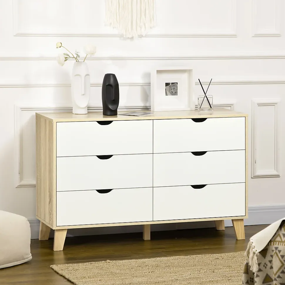 Commode 6 tiroirs design scandinave piètement effilé incliné bois pin panneaux blanc effet bois
