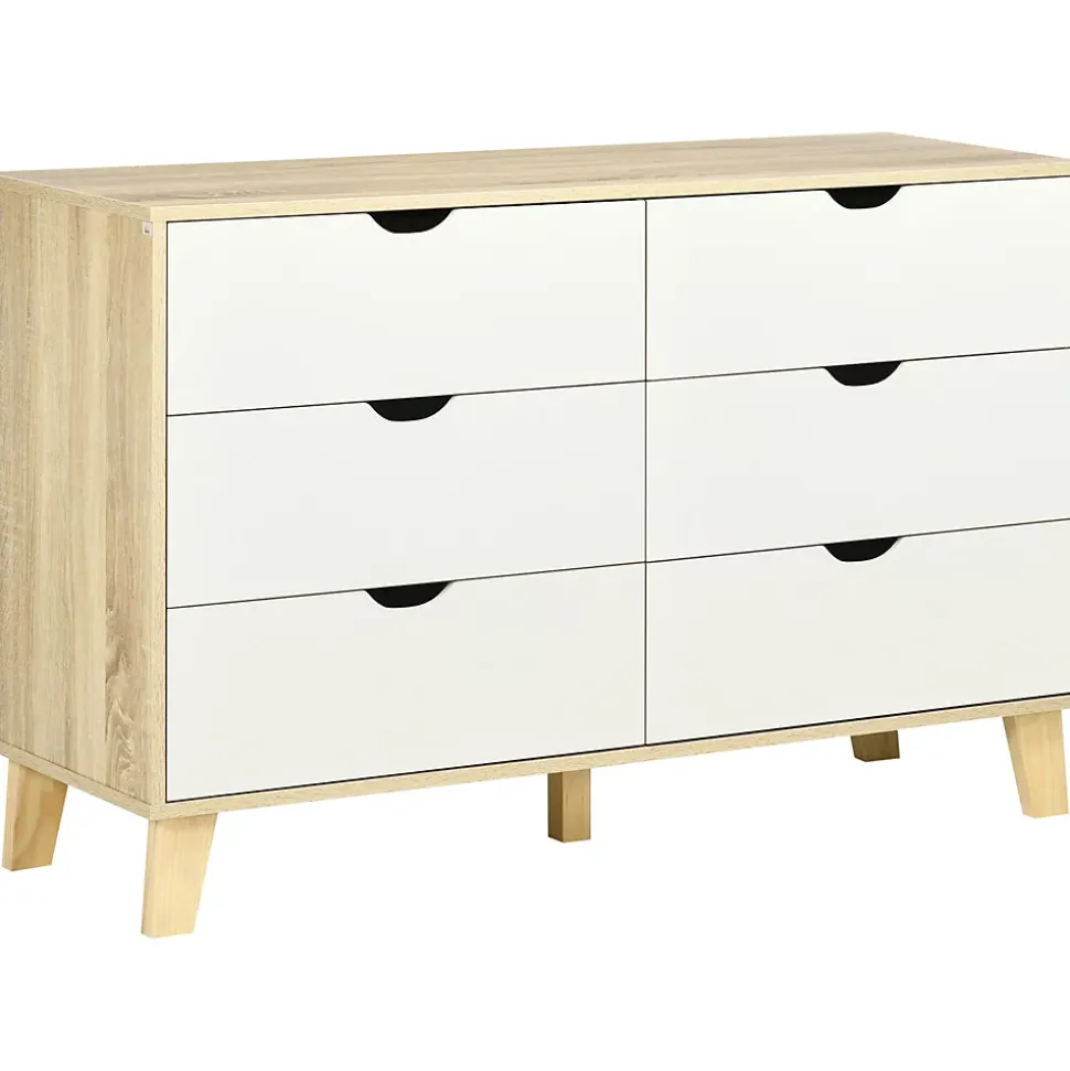 Commode 6 tiroirs design scandinave piètement effilé incliné bois pin panneaux blanc effet bois
