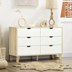 Commode 6 tiroirs design scandinave piètement effilé incliné bois pin panneaux blanc effet bois