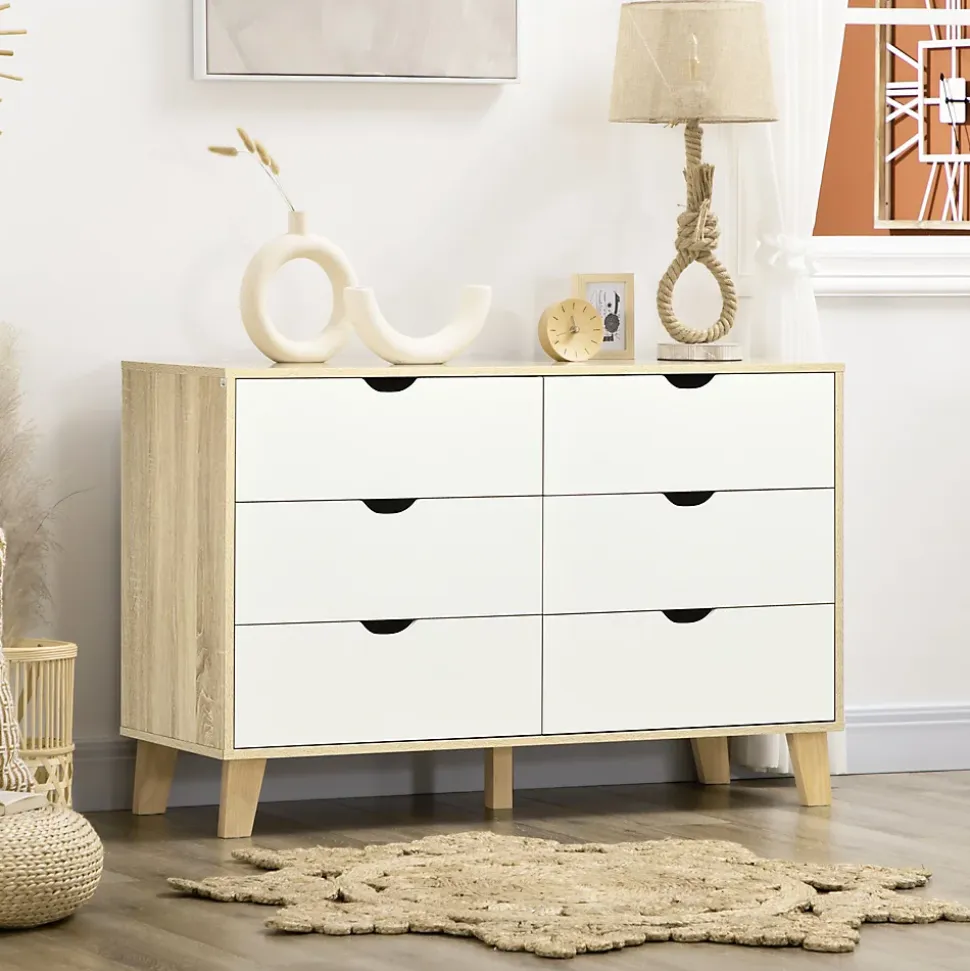 Commode 6 tiroirs design scandinave piètement effilé incliné bois pin panneaux blanc effet bois