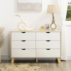 Commode 6 tiroirs design scandinave piètement effilé incliné bois pin panneaux blanc effet bois