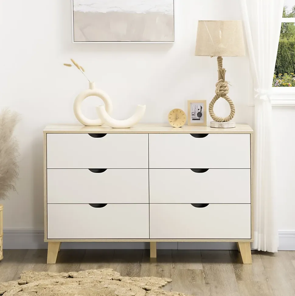 Commode 6 tiroirs design scandinave piètement effilé incliné bois pin panneaux blanc effet bois