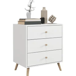 Commode 3 tiroirs design scandinave piètement effilé incliné bois pin MDF blanc