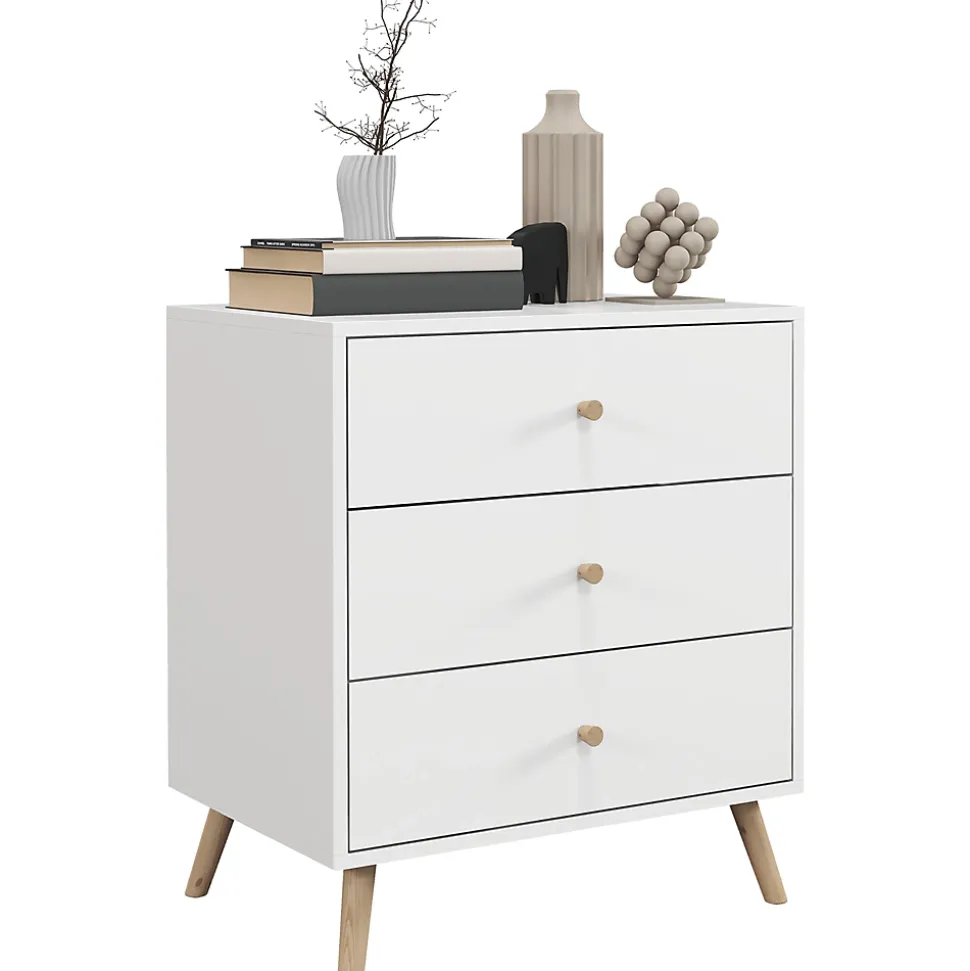 Commode 3 tiroirs design scandinave piètement effilé incliné bois pin MDF blanc
