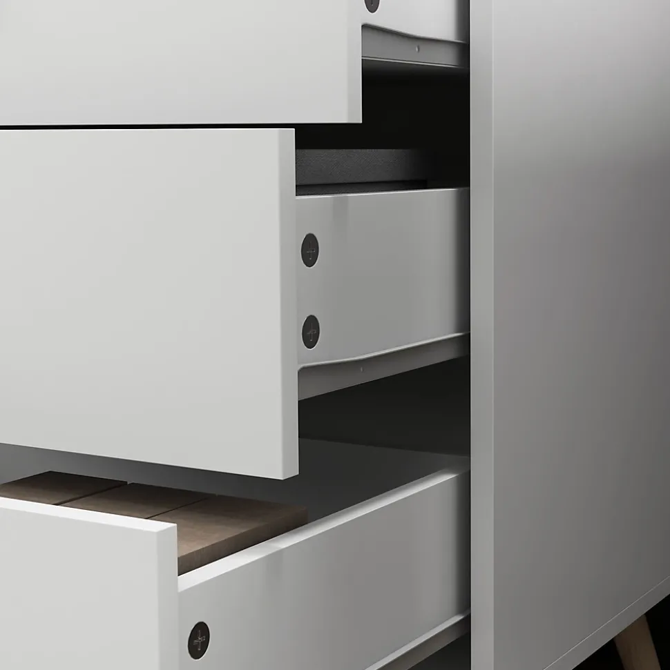 Commode 3 tiroirs design scandinave piètement effilé incliné bois pin MDF blanc