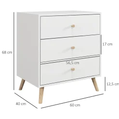 Commode 3 tiroirs design scandinave piètement effilé incliné bois pin MDF blanc