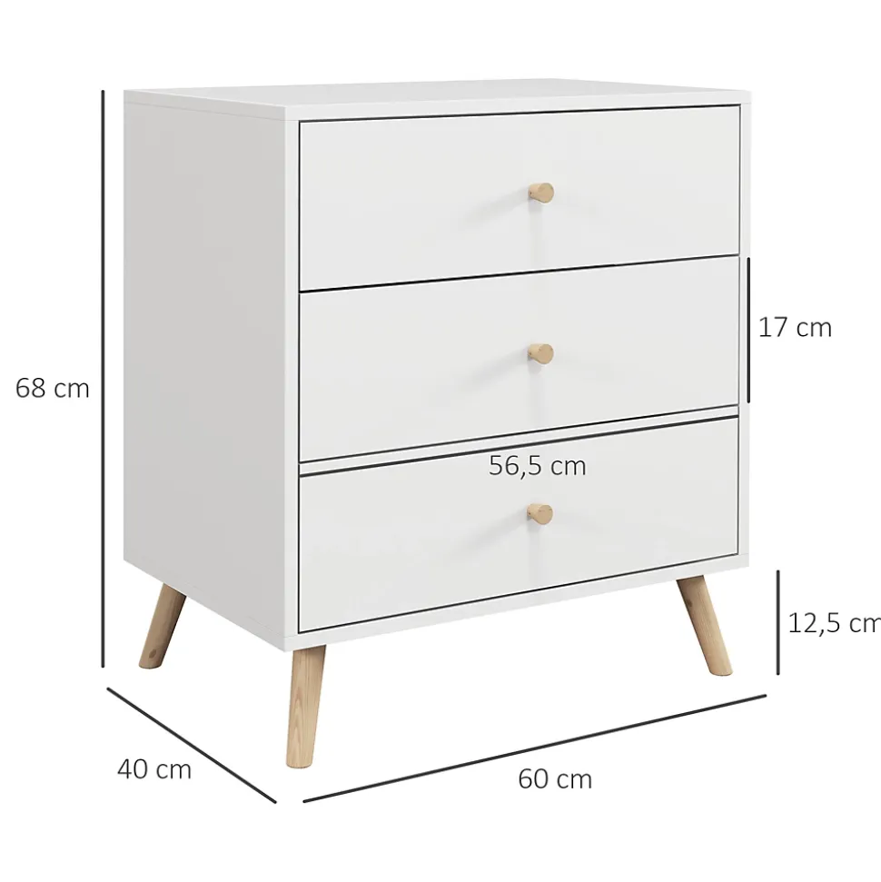 Commode 3 tiroirs design scandinave piètement effilé incliné bois pin MDF blanc