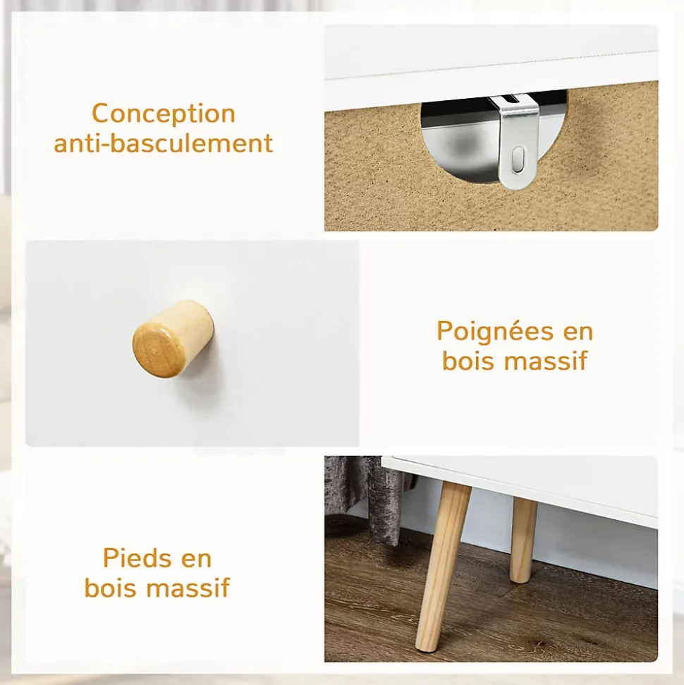 Commode 3 tiroirs design scandinave piètement effilé incliné bois pin panneaux blanc