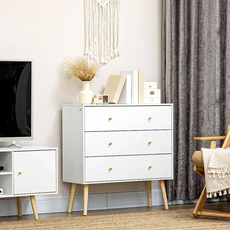 Commode 3 tiroirs design scandinave piètement effilé incliné bois pin panneaux blanc