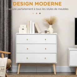 Commode 3 tiroirs design scandinave piètement effilé incliné bois pin panneaux blanc