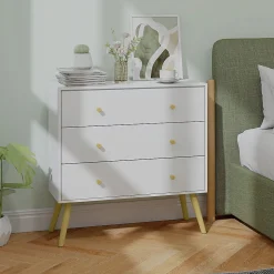 Commode 3 tiroirs design scandinave piètement effilé incliné bois pin panneaux blanc