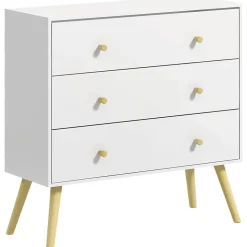 Commode 3 tiroirs design scandinave piètement effilé incliné bois pin panneaux blanc