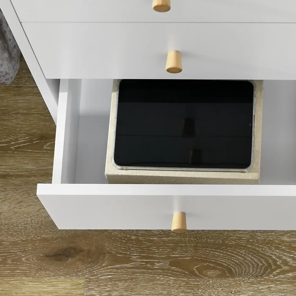 Commode 3 tiroirs design scandinave piètement effilé incliné bois pin panneaux blanc