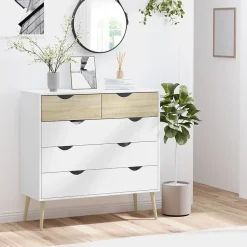 Commode 5 tiroirs design scandinave meuble de rangement chambre panneau de particules 99 x 39 x 101 cm blanc aspect chêne clair