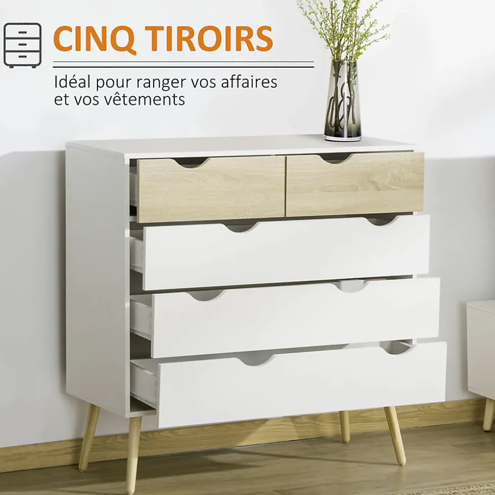 Commode 5 tiroirs design scandinave meuble de rangement chambre panneau de particules 99 x 39 x 101 cm blanc aspect chêne clair
