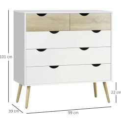 Commode 5 tiroirs design scandinave meuble de rangement chambre panneau de particules 99 x 39 x 101 cm blanc aspect chêne clair