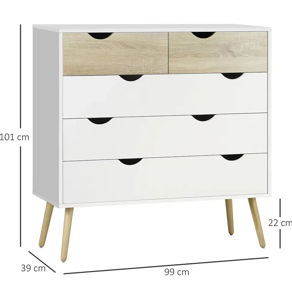 Commode 5 tiroirs design scandinave meuble de rangement chambre panneau de particules 99 x 39 x 101 cm blanc aspect chêne clair