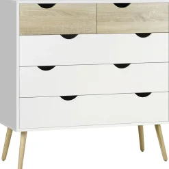 Commode 5 tiroirs design scandinave meuble de rangement chambre panneau de particules 99 x 39 x 101 cm blanc aspect chêne clair