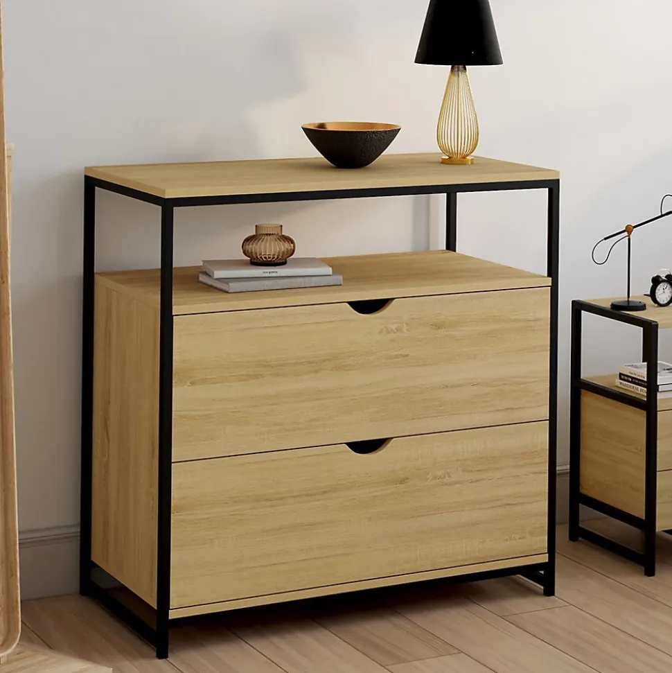 Commode 2 tiroirs DETROIT 80 cm design industriel avec étagère