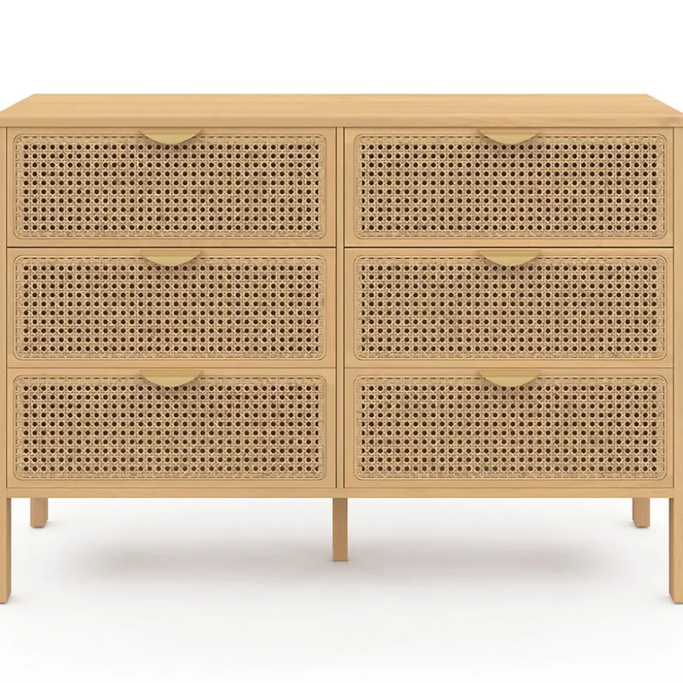 Commode 6 tiroirs EDHEN 115 cm bois et cannage