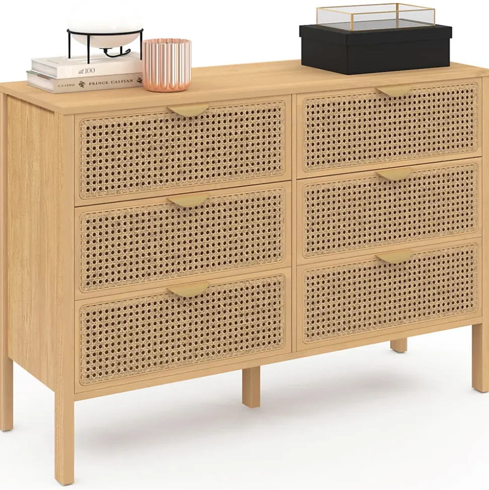 Commode 6 tiroirs EDHEN 115 cm bois et cannage