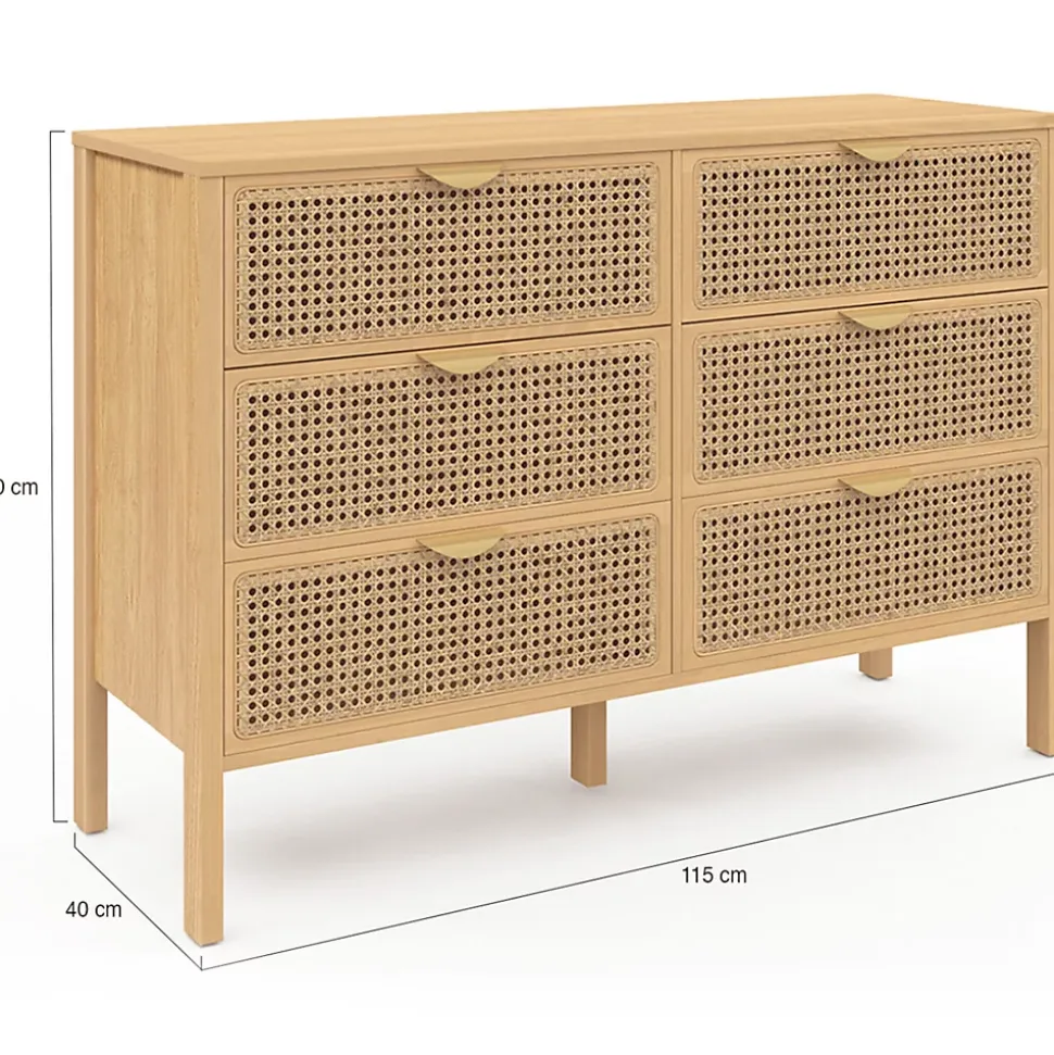 Commode 6 tiroirs EDHEN 115 cm bois et cannage