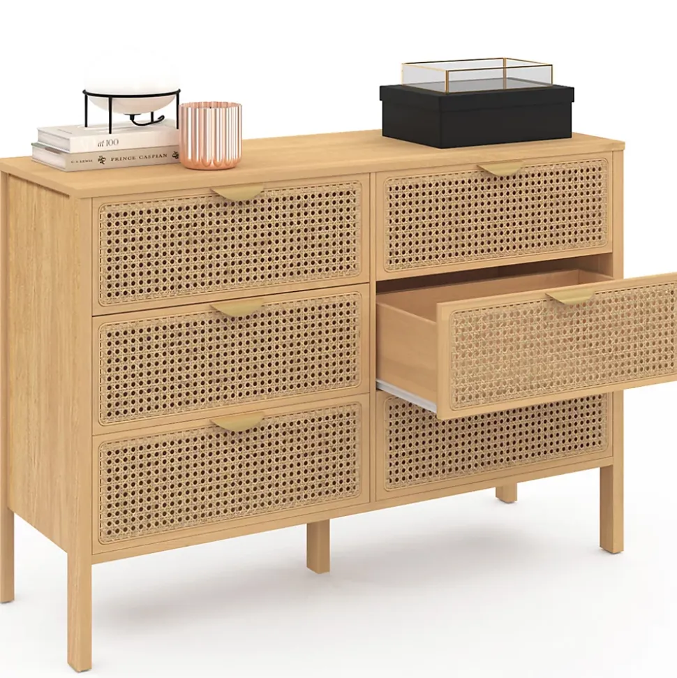 Commode 6 tiroirs EDHEN 115 cm bois et cannage
