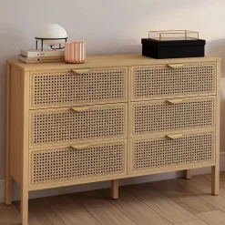 Commode 6 tiroirs EDHEN 115 cm bois et cannage