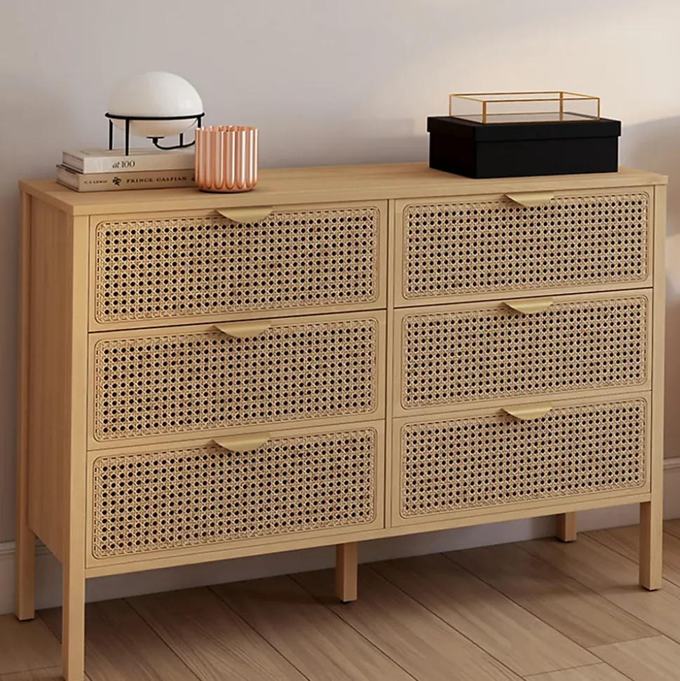 Commode 6 tiroirs EDHEN 115 cm bois et cannage